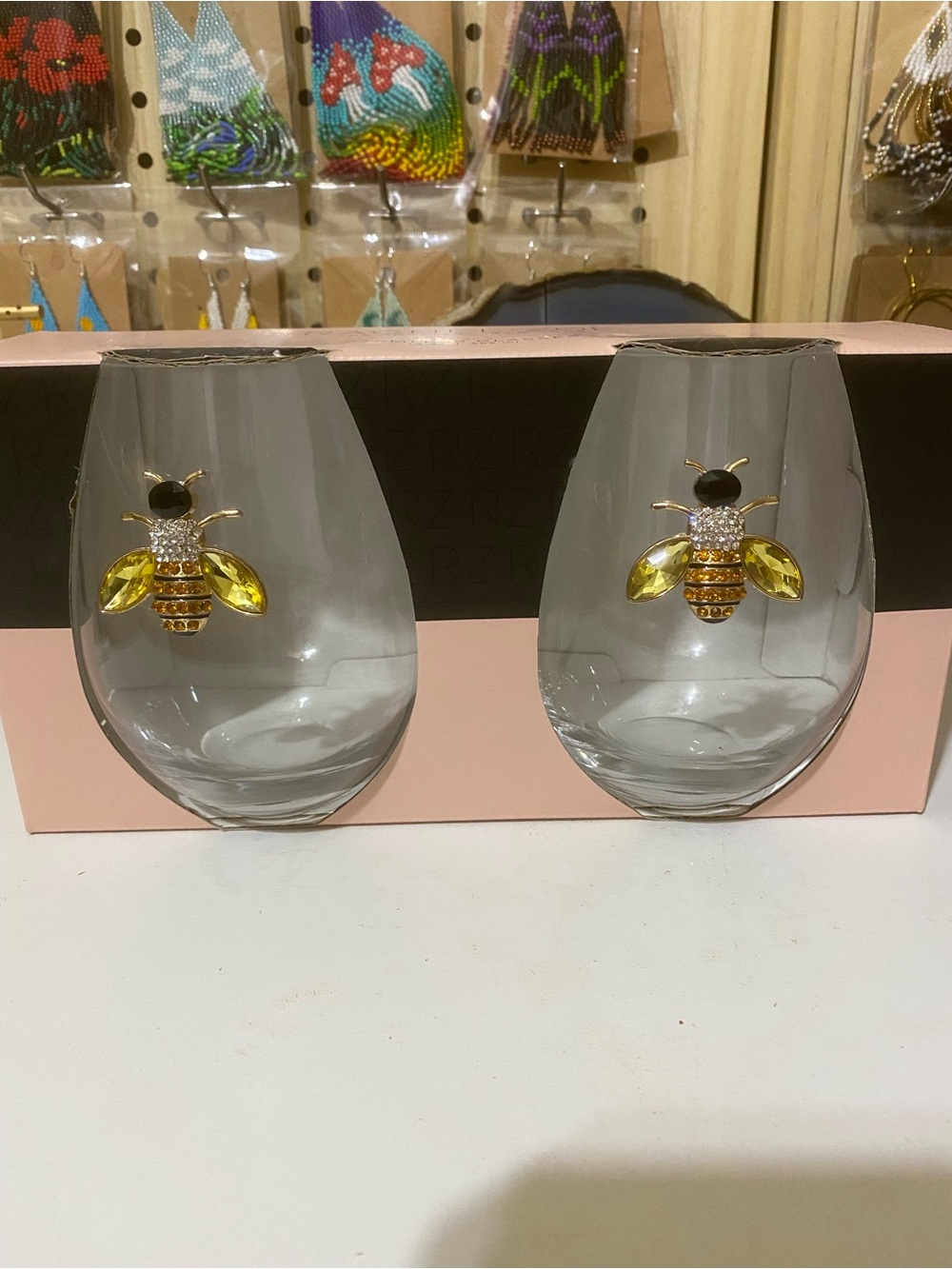Rachel Zoe Bee-Embellished Stemless Glasses with Yellow Accents (Set of 2)